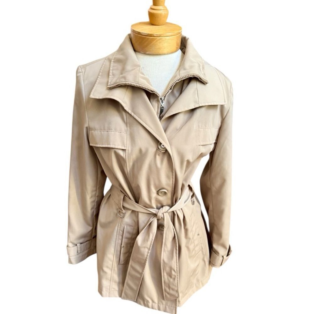 Dana Buchman Leopard-Lined Trench Coat Beige Belted Jacket size Med.